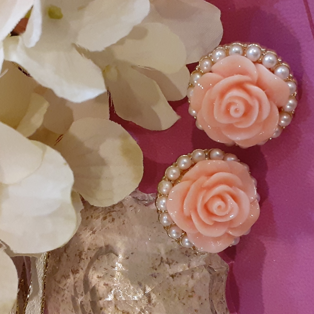 Vintage Pink Rose And Pearl Pierced Earrings